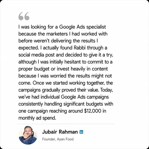 Client review by Jubair Rahman, Founder, Ayan Food