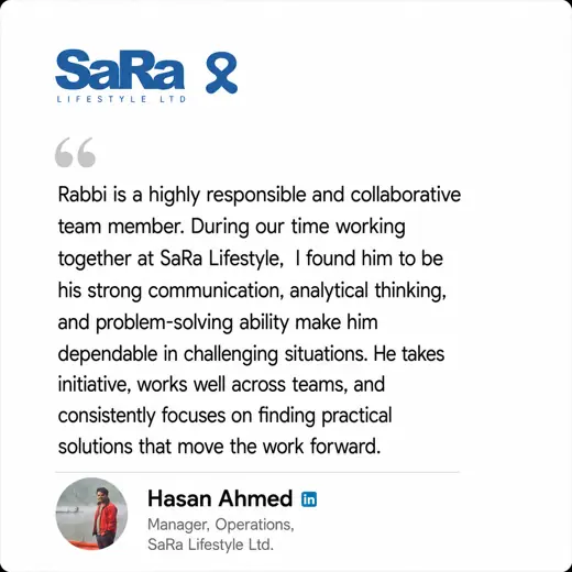 Client review by Hasan Ahmed, Manager, Operations, SaRa Lifestyle Ltd.
